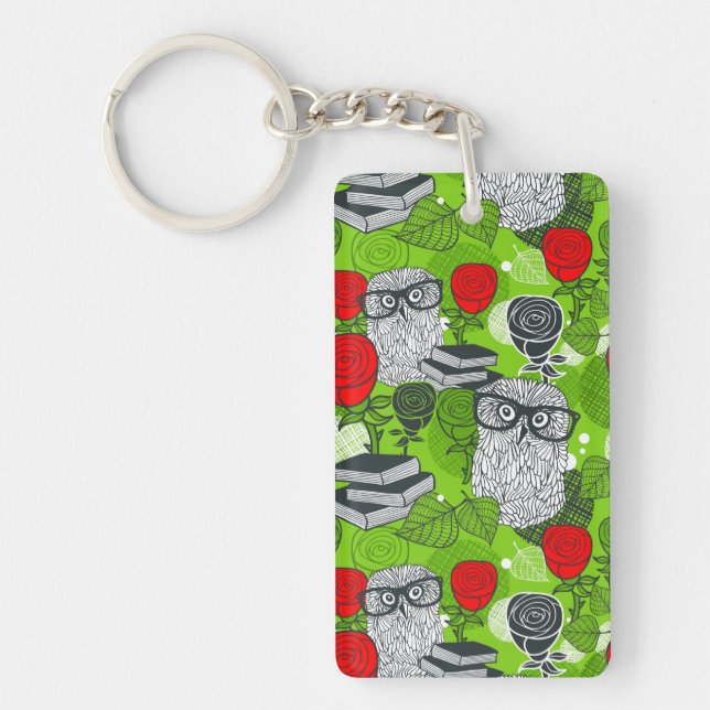 Owl in red roses key ring (Front)