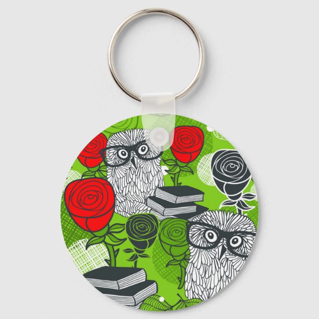 Owl in red roses key ring (Front)