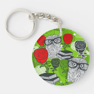 Owl in red roses key ring