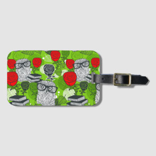 Owl in red roses luggage tag