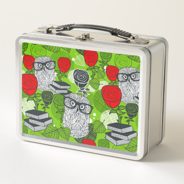 Owl in red roses metal lunch box (Front)