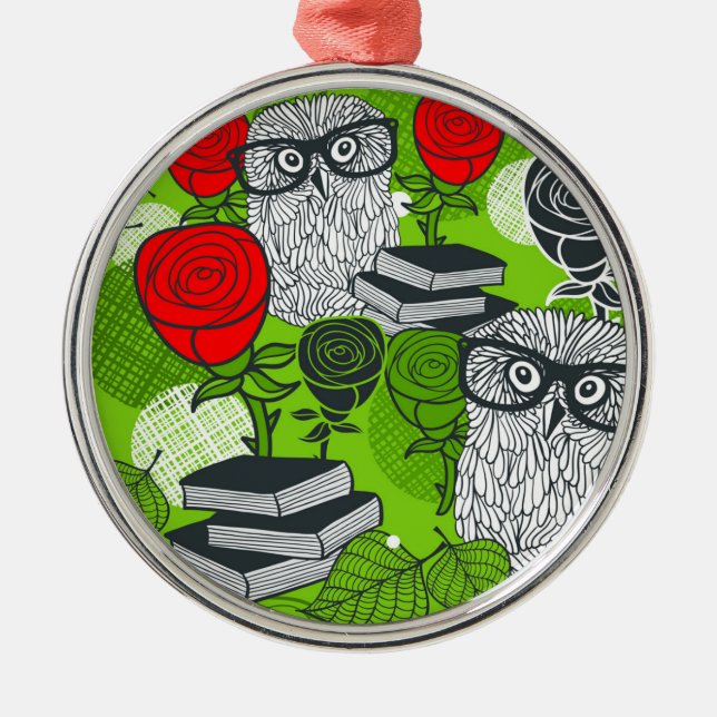 Owl in red roses metal ornament (Front)