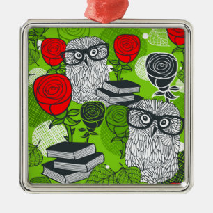Owl in red roses metal ornament