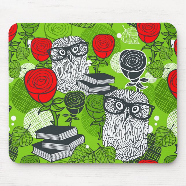 Owl in red roses mouse pad (Front)