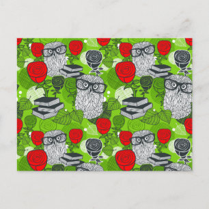 Owl in red roses postcard
