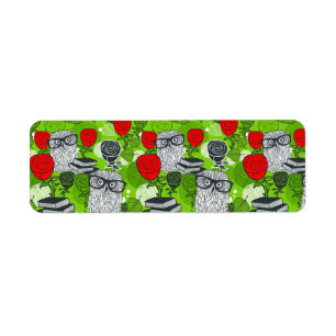 Owl in red roses return address label