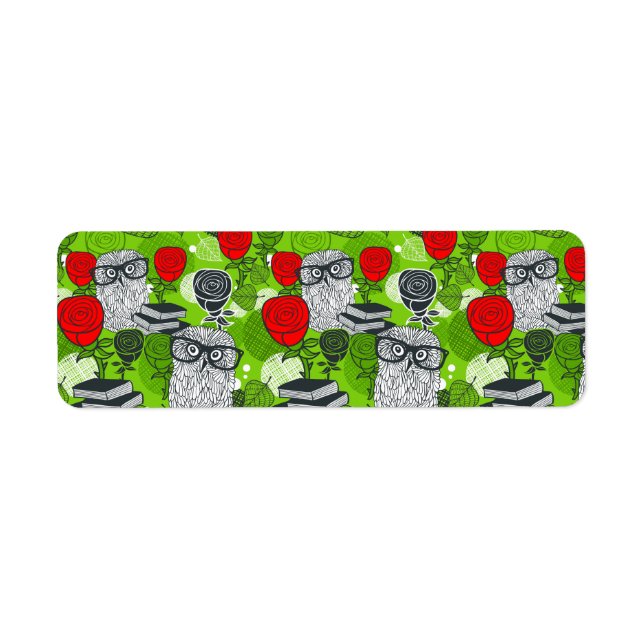 Owl in red roses return address label (Front)