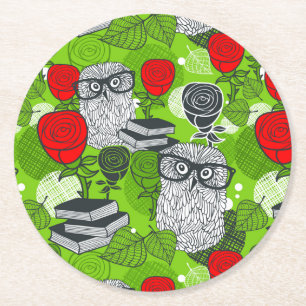 Owl in red roses round paper coaster