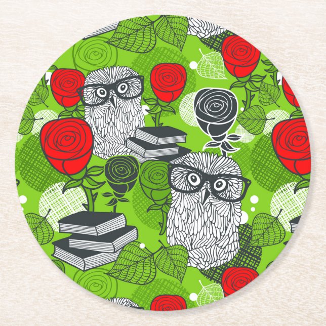 Owl in red roses round paper coaster (Front)