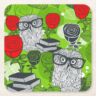 Owl in red roses square paper coaster