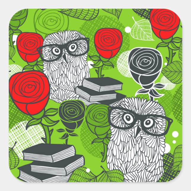 Owl in red roses square sticker (Front)