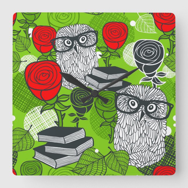 Owl in red roses square wall clock (Front)