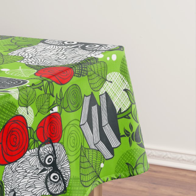 Owl in red roses tablecloth (In Situ)