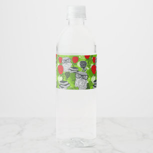 Owl in red roses water bottle label