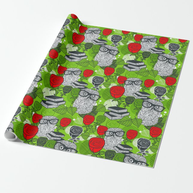 Owl in red roses wrapping paper (Unrolled)