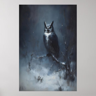 Owl In Snowy Forest, Gothic Bird Animal Wall Art
