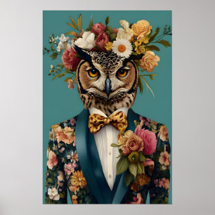 Owl In Suit Poster, Owl Portrait, Owl Oil Poster