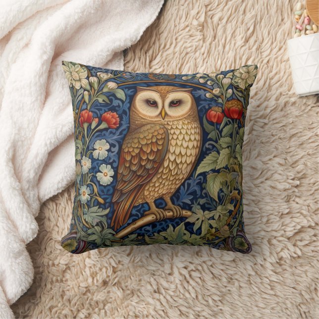 Owl in the garden William Morris style Cushion (Blanket)