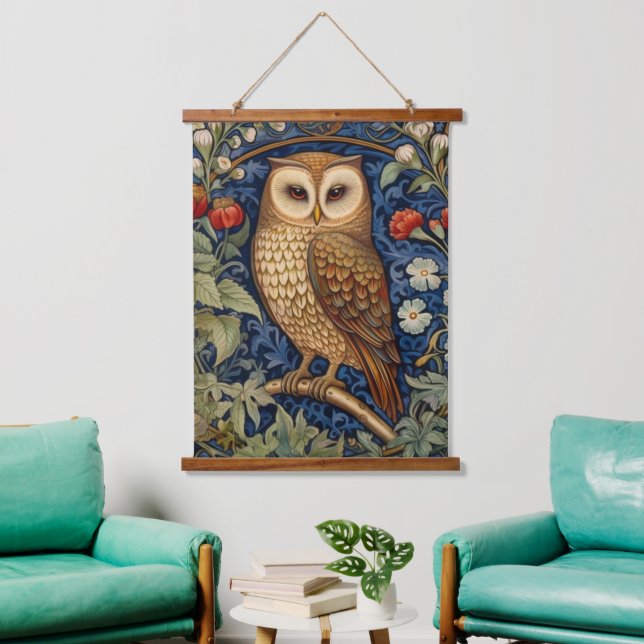 Owl in the garden William Morris style Hanging Tapestry (Living Room)