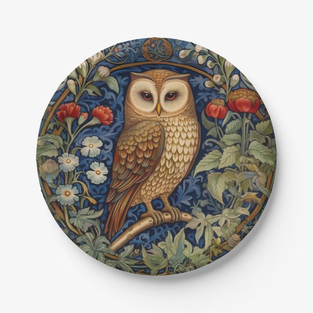 Owl in the garden William Morris style Paper Plate (Front)