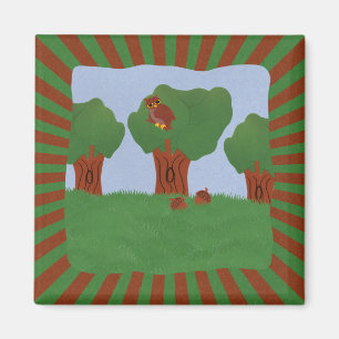 Owl in the Oak Tree Sunburst Design Magnet