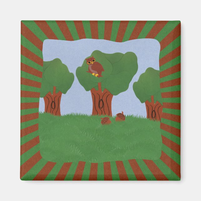 Owl in the Oak Tree Sunburst Design Magnet (Front)