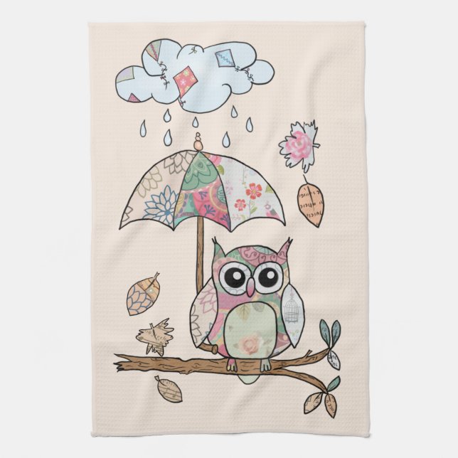 owl in the rain tea towel (Vertical)