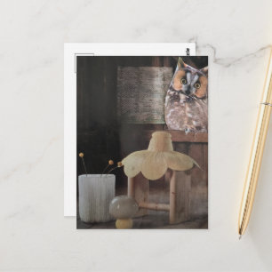 Owl in the Rustic Room a Surreal Collage Postcard