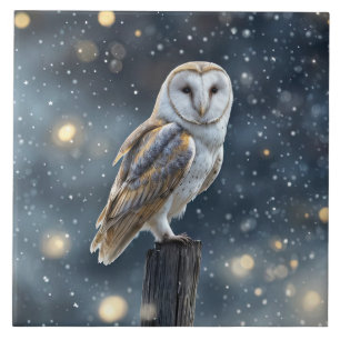 Owl in the Snow at Night Pretty Ceramic Tile