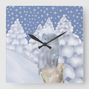 owl in the snow   square wall clock