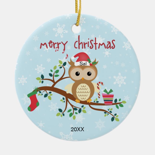 Owl In the Tree Christmas Ceramic Ornament (Front)