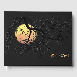 Owl In Tree Silhouette With Full Moon Guest Book