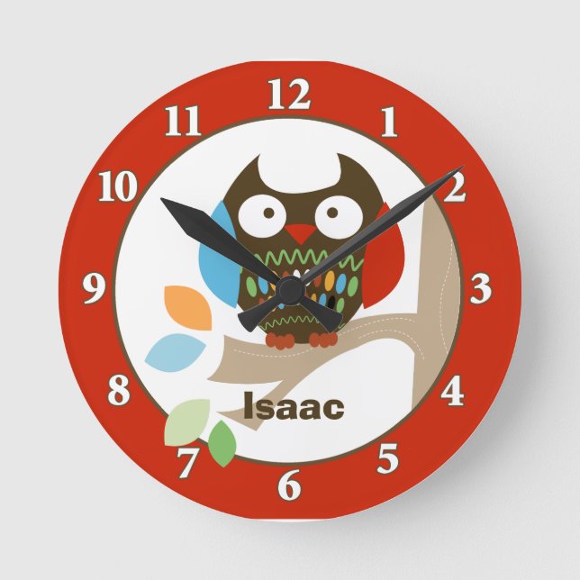 Owl in Tree Tops Personalized Wall Clock - Red (Front)