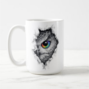 Owl Ink Portrait with Vibrant Rainbow Eye Coffee Mug