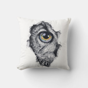 Owl Ink Portrait with Vibrant Rainbow Eye Cushion
