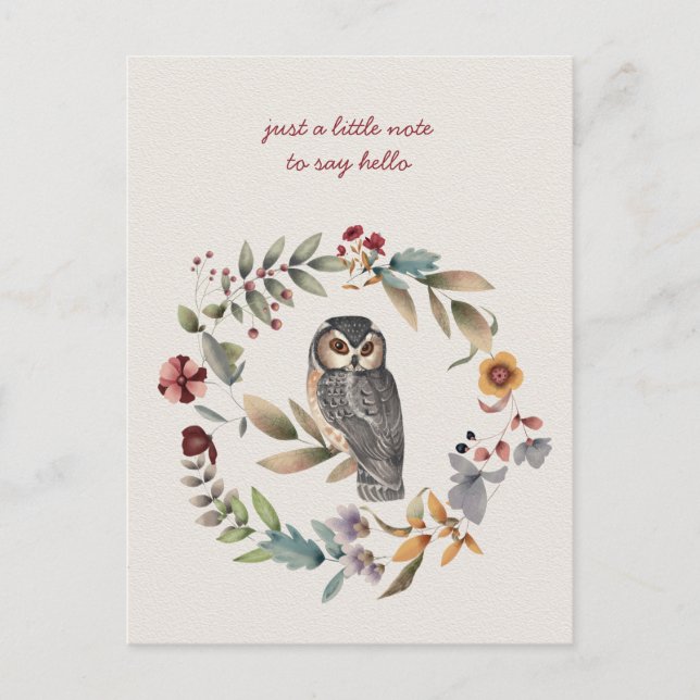 Owl Inside Floral Wreath Thinking of You Postcard (Front)