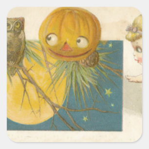 Owl Jack O Lantern Pumpkin Girl Doll Square Sticker