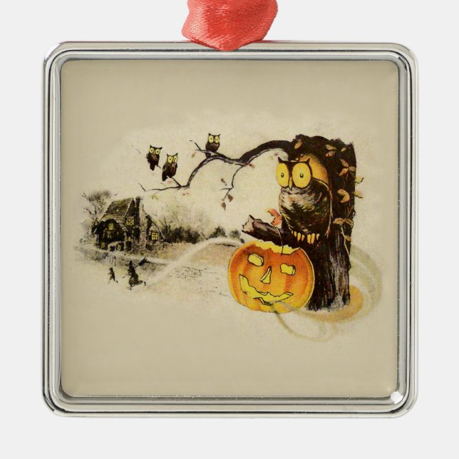 Owl Jack O' Lantern Pumpkin Tree Metal Ornament (Front)