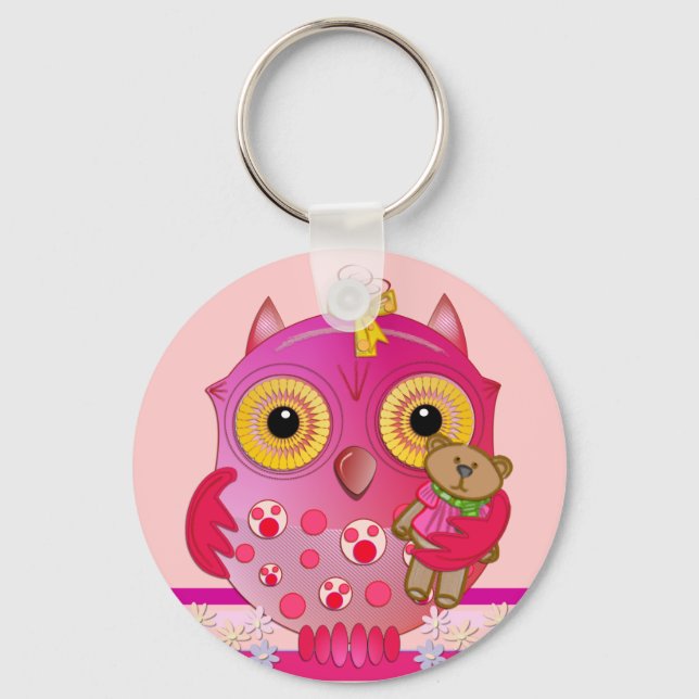 Owl keychain with Baby owl and her bear (Front)