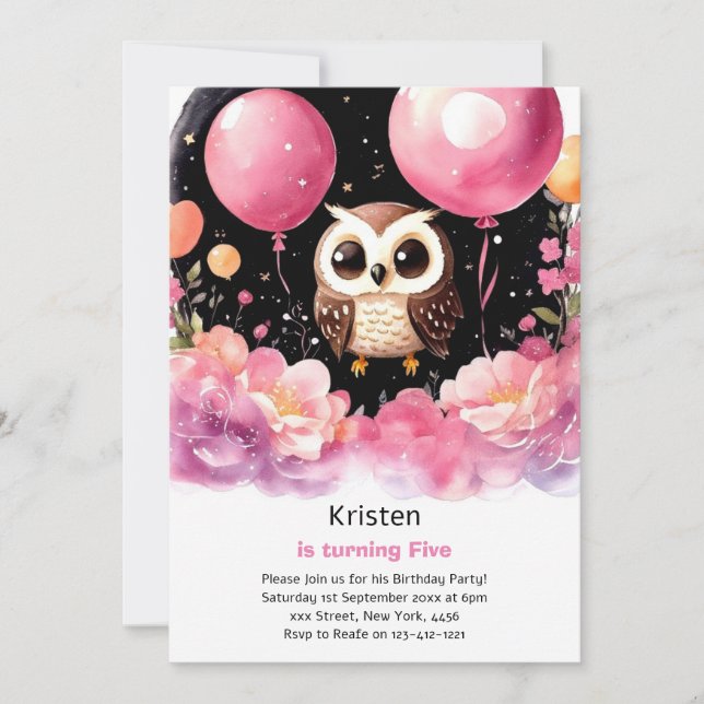 Owl Kids Girl Birthday Invitation (Front)