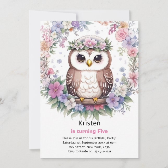 Owl Kids Girl Birthday Invitation (Front)