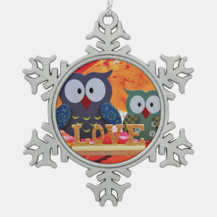 Owl love snowflake pewter christmas ornament