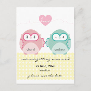 OWL LOVE :: soft girl + boy Announcement Postcard