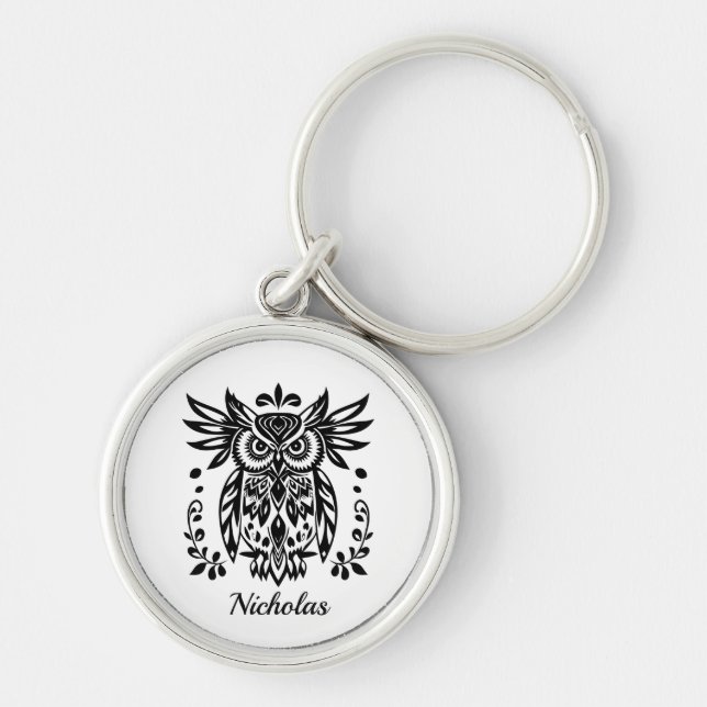 Owl Lovers Rustic Woodlands Black White Bohemian  Key Ring (Front)