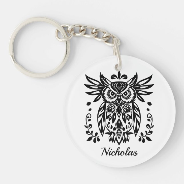 Owl Lovers Rustic Woodlands Black White Bohemian  Key Ring (Front)