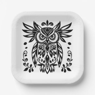 Owl Lovers Rustic Woodlands Black White Bohemian Paper Plate