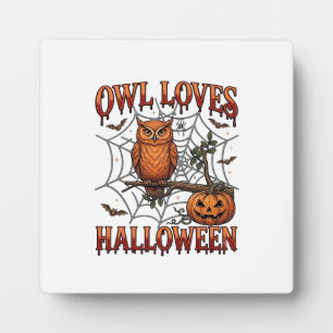 Owl Loves Halloween Orange Spider Web Pumpkin_1 Plaque