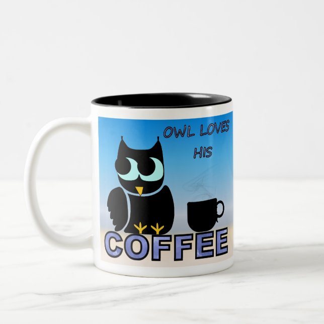 Owl Loves His Coffee Two-Tone Coffee Mug (Left)