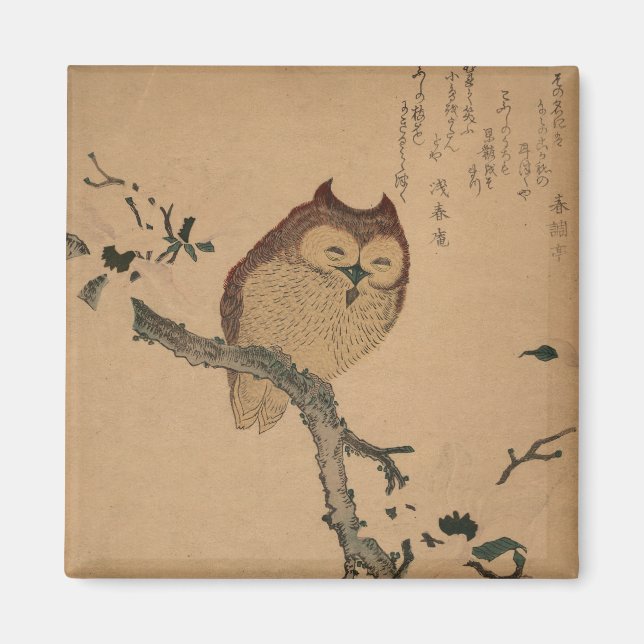 Owl & Magnolia: Japanese Ukiyo-e Magnet (Front)