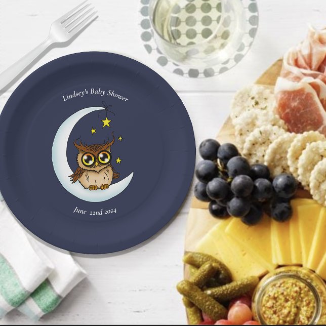 Owl Moon Blue Cute Stars Baby Shower Paper Plate (Creator Uploaded)